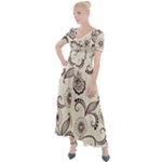 Retro Floral Texture, Light Brown Retro Background Button Up Short Sleeve Maxi Dress