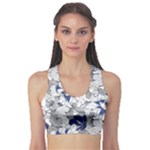 Retro Texture With Blue Flowers, Floral Retro Background, Floral Vintage Texture, White Background W Fitness Sports Bra
