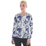 Retro Texture With Blue Flowers, Floral Retro Background, Floral Vintage Texture, White Background W Velvet Zip Up Jacket