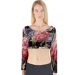 Retro Texture With Flowers, Black Background With Flowers Long Sleeve Crop Top
