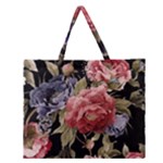 Retro Texture With Flowers, Black Background With Flowers Zipper Large Tote Bag