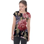 Retro Texture With Flowers, Black Background With Flowers Cap Sleeve High Low Top
