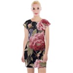 Retro Texture With Flowers, Black Background With Flowers Cap Sleeve Bodycon Dress