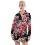 Retro Texture With Flowers, Black Background With Flowers Women s Long Sleeve Casual Dress