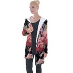 Retro Texture With Flowers, Black Background With Flowers Longline Hooded Cardigan
