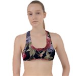 Retro Texture With Flowers, Black Background With Flowers Criss Cross Racerback Sports Bra