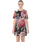 Retro Texture With Flowers, Black Background With Flowers Sixties Short Sleeve Mini Dress