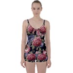 Retro Texture With Flowers, Black Background With Flowers Tie Front Two Piece Tankini