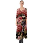 Retro Texture With Flowers, Black Background With Flowers Button Up Boho Maxi Dress