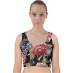 Retro Texture With Flowers, Black Background With Flowers Velvet Racer Back Crop Top