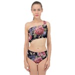 Retro Texture With Flowers, Black Background With Flowers Spliced Up Two Piece Swimsuit