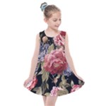 Retro Texture With Flowers, Black Background With Flowers Kids  Summer Dress