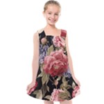 Retro Texture With Flowers, Black Background With Flowers Kids  Cross Back Dress