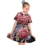 Retro Texture With Flowers, Black Background With Flowers Kids  Short Sleeve Shirt Dress
