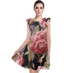 Retro Texture With Flowers, Black Background With Flowers Tie Up Tunic Dress