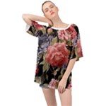 Retro Texture With Flowers, Black Background With Flowers Oversized Chiffon Top