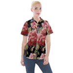Retro Texture With Flowers, Black Background With Flowers Women s Short Sleeve Pocket Shirt