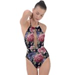Retro Texture With Flowers, Black Background With Flowers Plunge Cut Halter Swimsuit