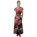 Retro Texture With Flowers, Black Background With Flowers Flutter Sleeve Maxi Dress