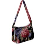 Retro Texture With Flowers, Black Background With Flowers Zip Up Shoulder Bag