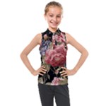 Retro Texture With Flowers, Black Background With Flowers Kids  Sleeveless Polo T-Shirt