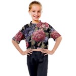 Retro Texture With Flowers, Black Background With Flowers Kids Mock Neck T-Shirt