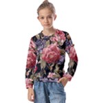 Retro Texture With Flowers, Black Background With Flowers Kids  Long Sleeve T-Shirt with Frill 