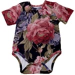 Retro Texture With Flowers, Black Background With Flowers Baby Short Sleeve Bodysuit