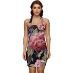 Retro Texture With Flowers, Black Background With Flowers Sleeveless Wide Square Neckline Ruched Bodycon Dress