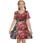 Retro Texture With Flowers, Black Background With Flowers Kids  Short Sleeve Tiered Mini Dress