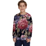 Retro Texture With Flowers, Black Background With Flowers Kids  Crewneck Sweatshirt