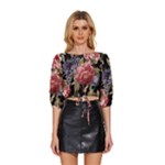 Retro Texture With Flowers, Black Background With Flowers Mid Sleeve Drawstring Hem Top