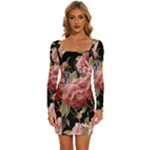 Retro Texture With Flowers, Black Background With Flowers Long Sleeve Square Neck Bodycon Velvet Dress