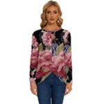 Retro Texture With Flowers, Black Background With Flowers Long Sleeve Crew Neck Pullover Top