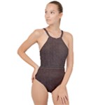 Black Leather Texture Leather Textures, Brown Leather Line High Neck One Piece Swimsuit