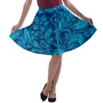 Blue Floral Pattern Texture, Floral Ornaments Texture A-line Skater Skirt