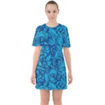 Blue Floral Pattern Texture, Floral Ornaments Texture Sixties Short Sleeve Mini Dress