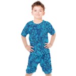 Blue Floral Pattern Texture, Floral Ornaments Texture Kids  T-Shirt and Shorts Set