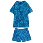 Blue Floral Pattern Texture, Floral Ornaments Texture Kids  Swim T-Shirt and Shorts Set