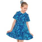 Blue Floral Pattern Texture, Floral Ornaments Texture Kids  Short Sleeve Shirt Dress