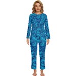 Blue Floral Pattern Texture, Floral Ornaments Texture Womens  Long Sleeve Lightweight Pajamas Set
