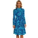Blue Floral Pattern Texture, Floral Ornaments Texture Long Sleeve Shirt Collar A-Line Dress
