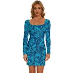 Blue Floral Pattern Texture, Floral Ornaments Texture Long Sleeve Square Neck Bodycon Velvet Dress