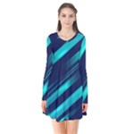Blue Neon Lines, Blue Background, Abstract Background Long Sleeve V-neck Flare Dress