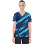 Blue Neon Lines, Blue Background, Abstract Background Women s V-Neck Scrub Top