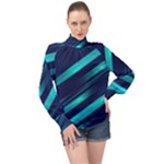 Blue Neon Lines, Blue Background, Abstract Background High Neck Long Sleeve Chiffon Top