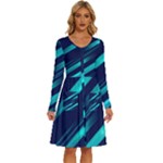 Blue Neon Lines, Blue Background, Abstract Background Long Sleeve Dress With Pocket