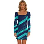 Blue Neon Lines, Blue Background, Abstract Background Long Sleeve Square Neck Bodycon Velvet Dress