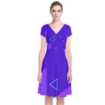 Purple Geometric Abstraction, Purple Neon Background Short Sleeve Front Wrap Dress
