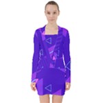 Purple Geometric Abstraction, Purple Neon Background V-neck Bodycon Long Sleeve Dress